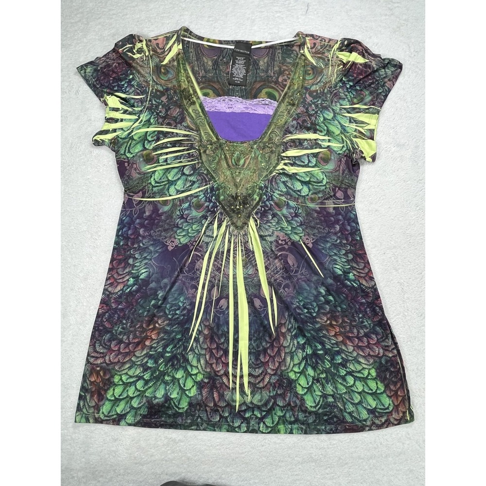 Covington XL Boho Peacock Feather Graphic Top Embellished Y2K Festival Blouse